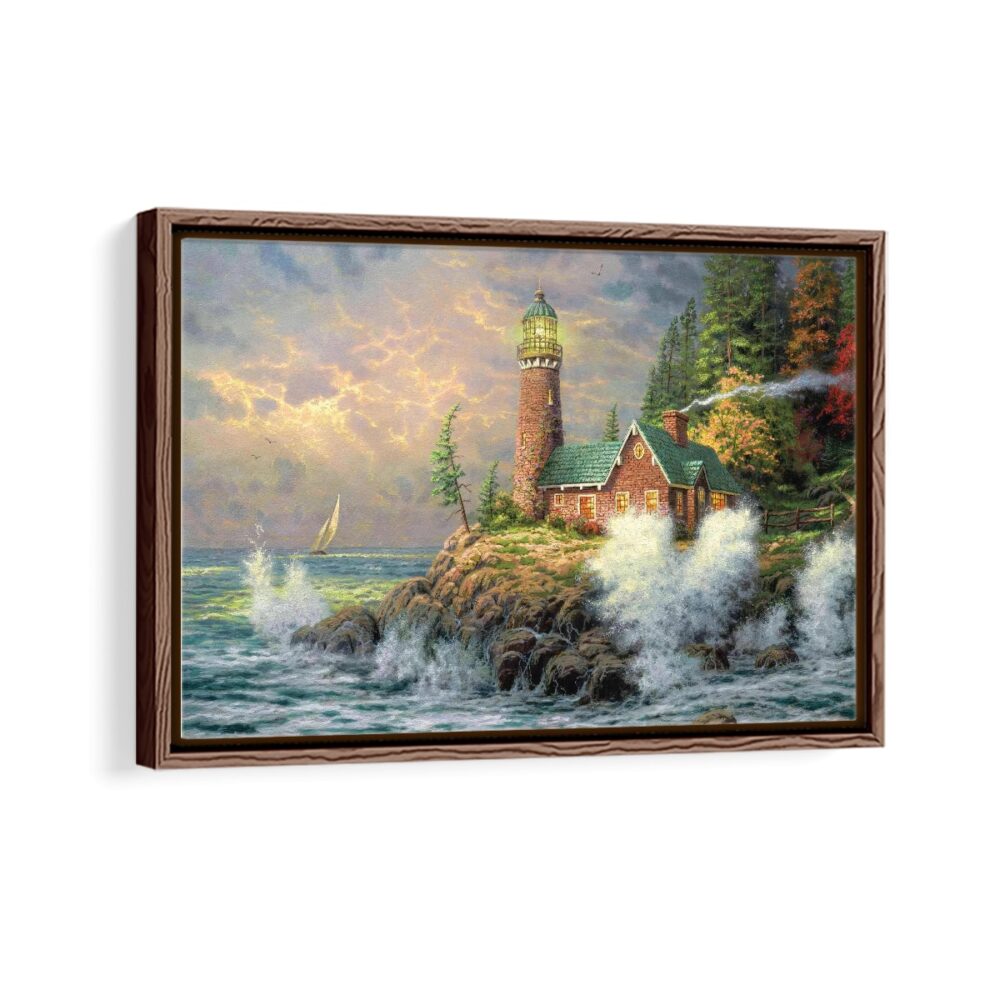 luxury lighthouse sunset framed canvas walnut brown