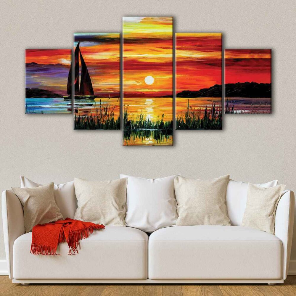 5 panels sunset in the beach canvas art