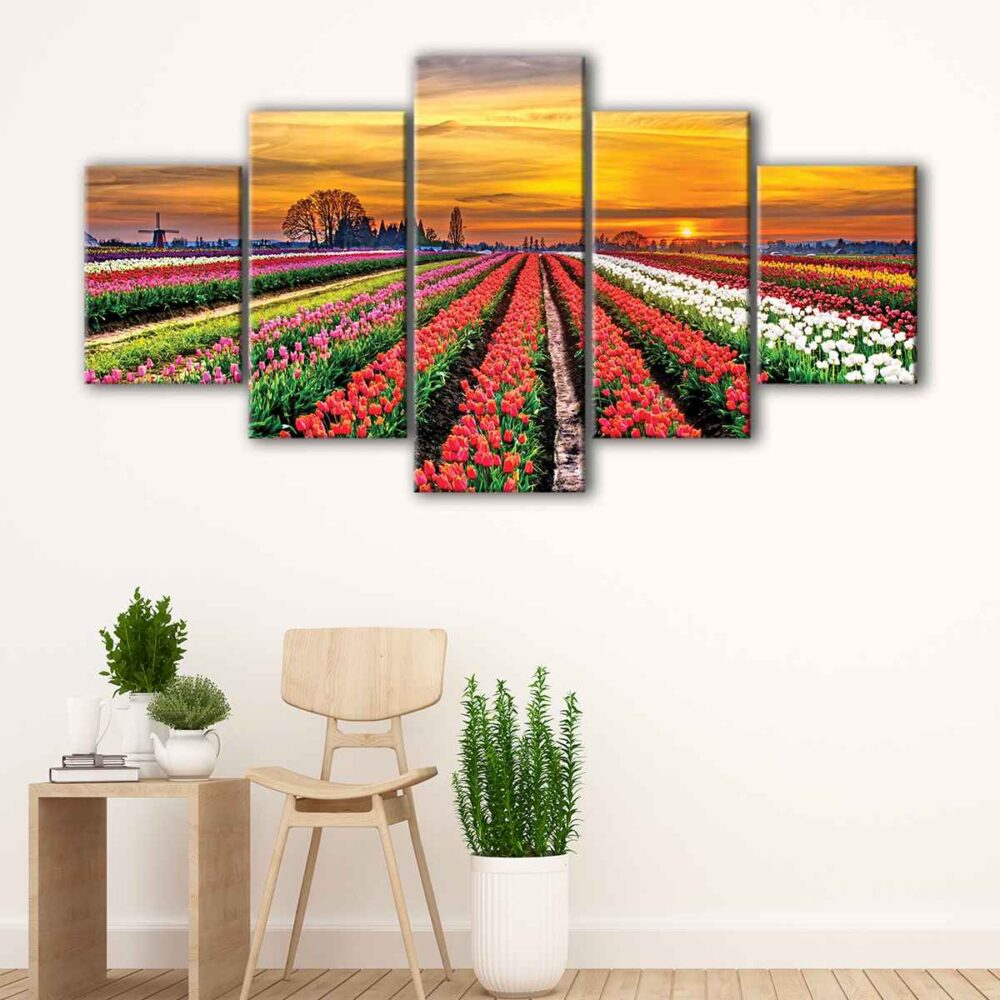 5 panels tulip field canvas art