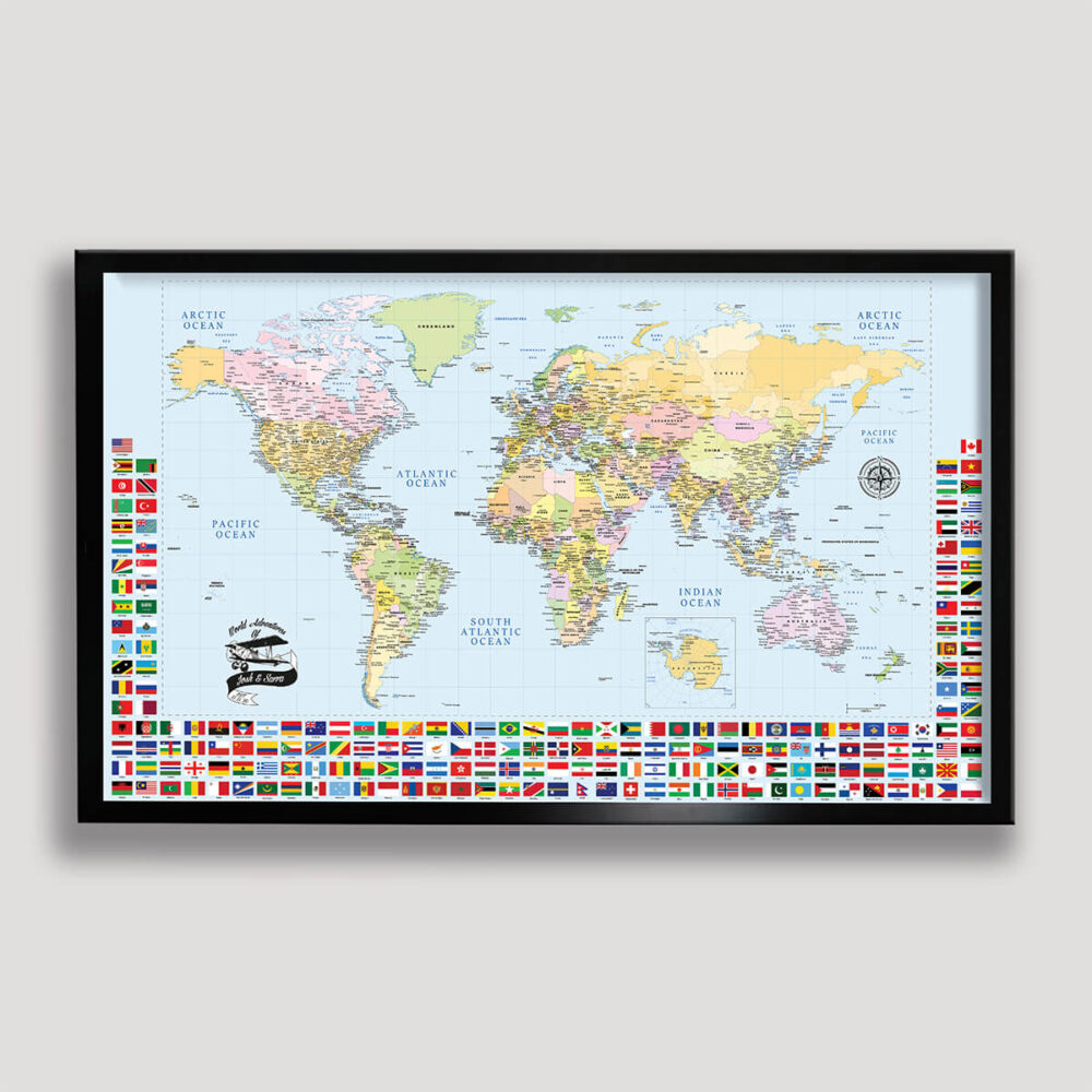 Push pin world map with flags - Black frame