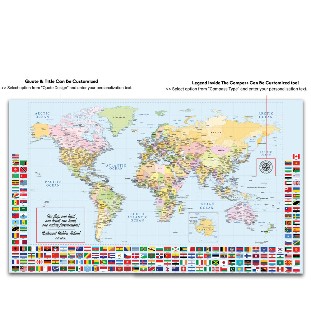 Push pin world map with flags detailed