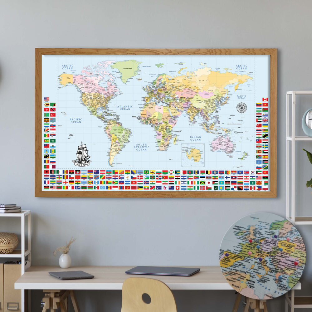 Push pin world map with flags framed
