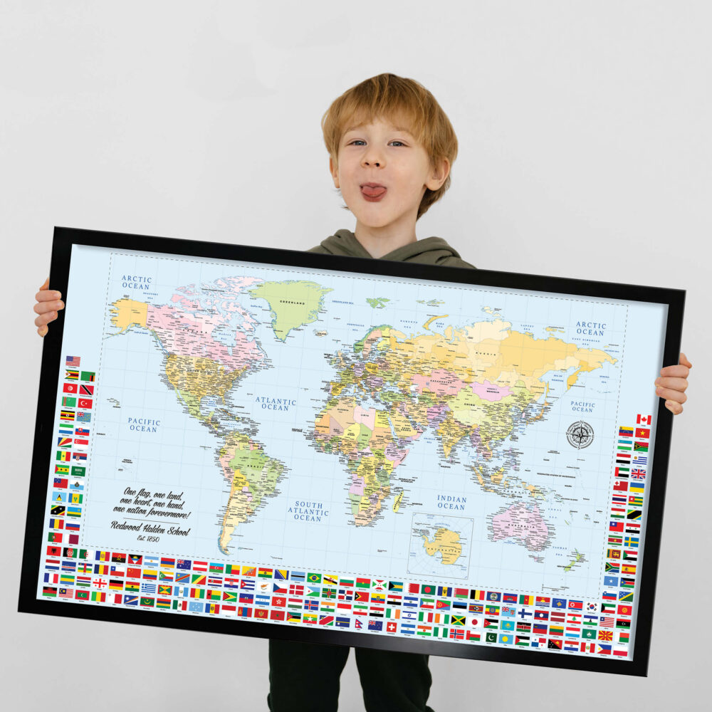 Push pin world map with flags framed Kids