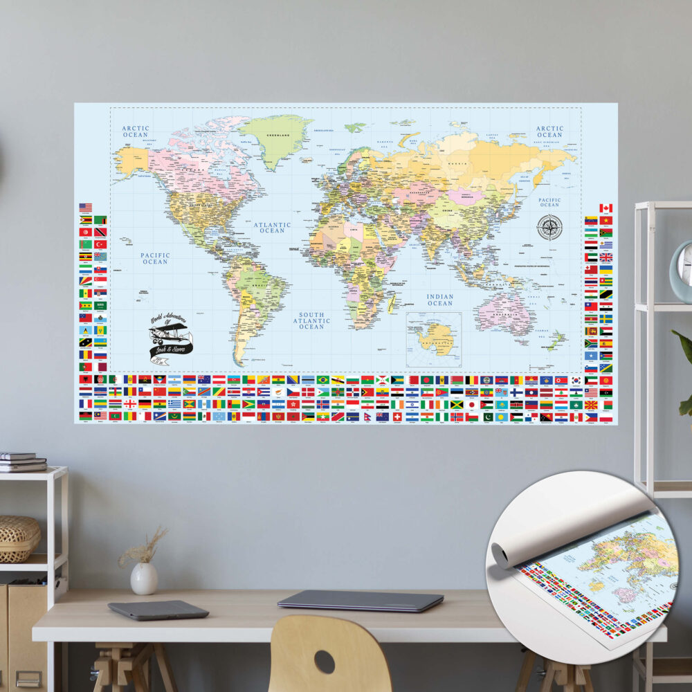 Push pin world map with flags rolled