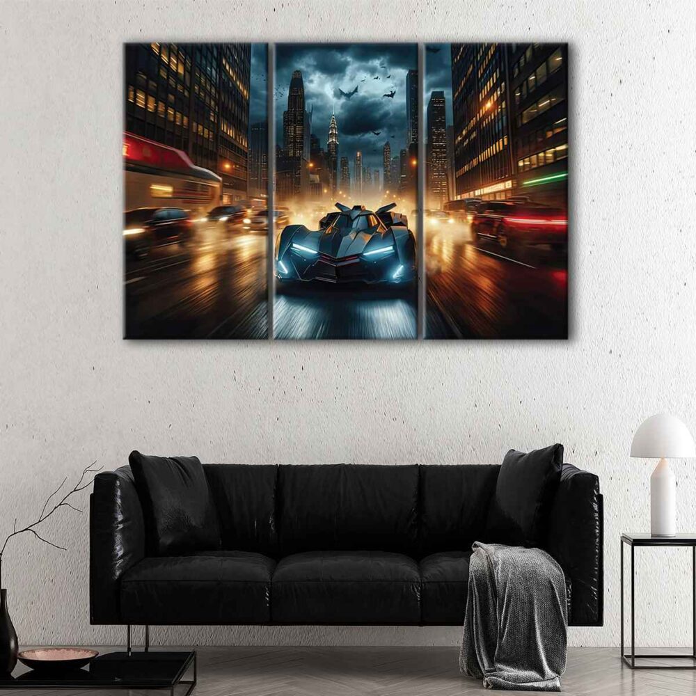 3 panels batmobile in fire canvas art