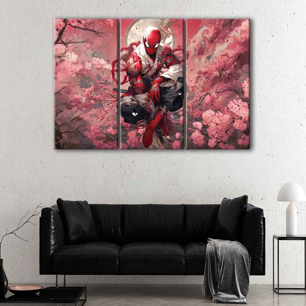 3 panels spider man cherry blossom canvas art