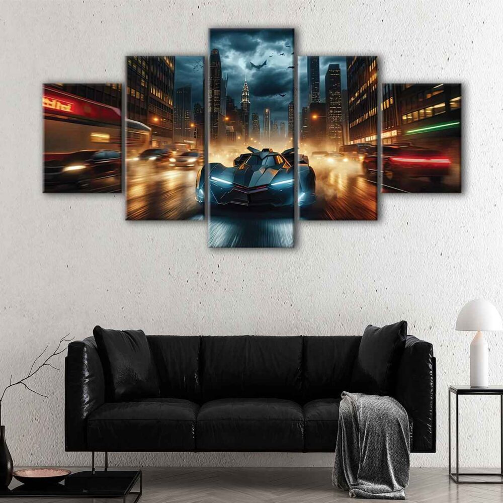 5 panels batmobile in fire canvas art