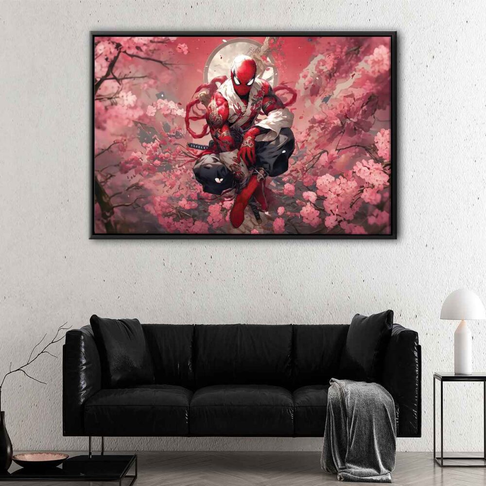 spider man cherry blossom floating frame canvas