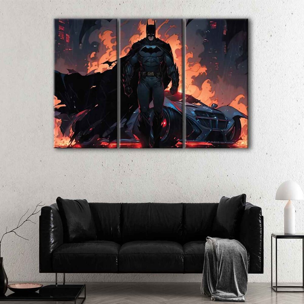 3 panels batman in fire canvas art