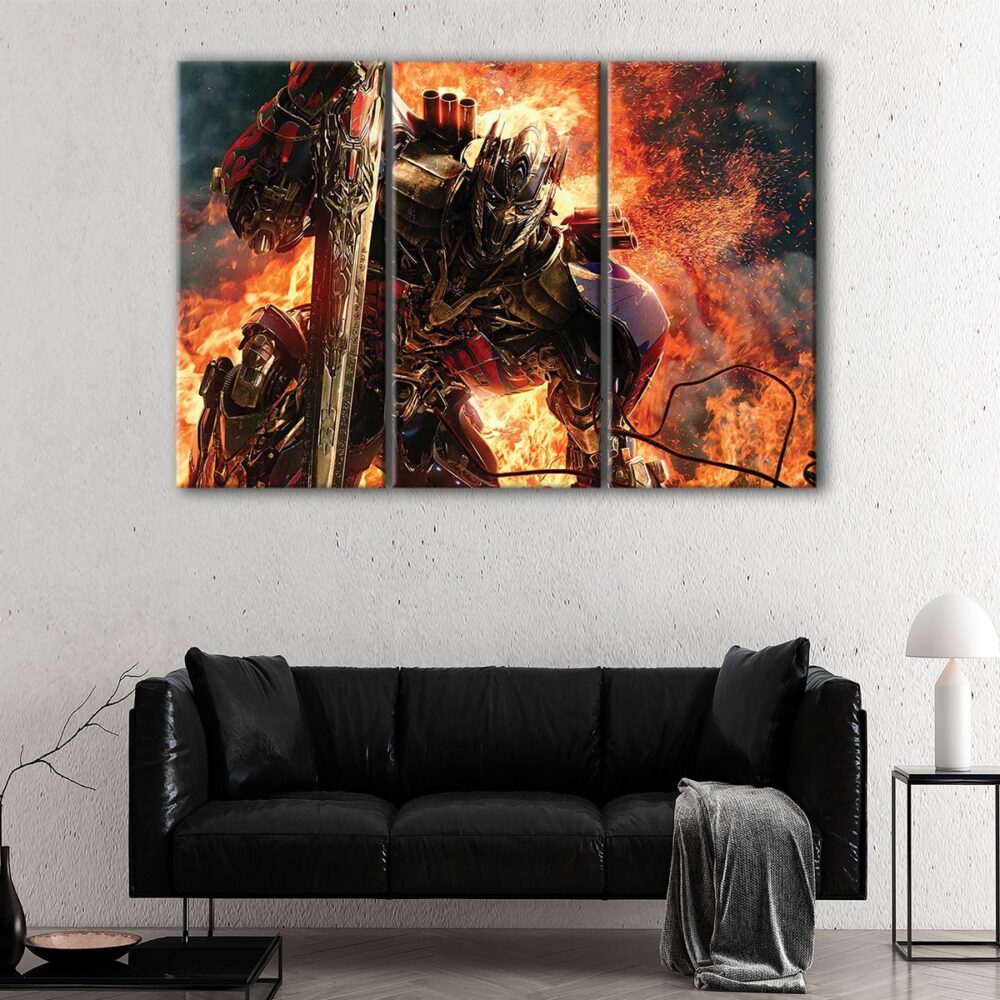 3 panels optimus prime in fire canvas art