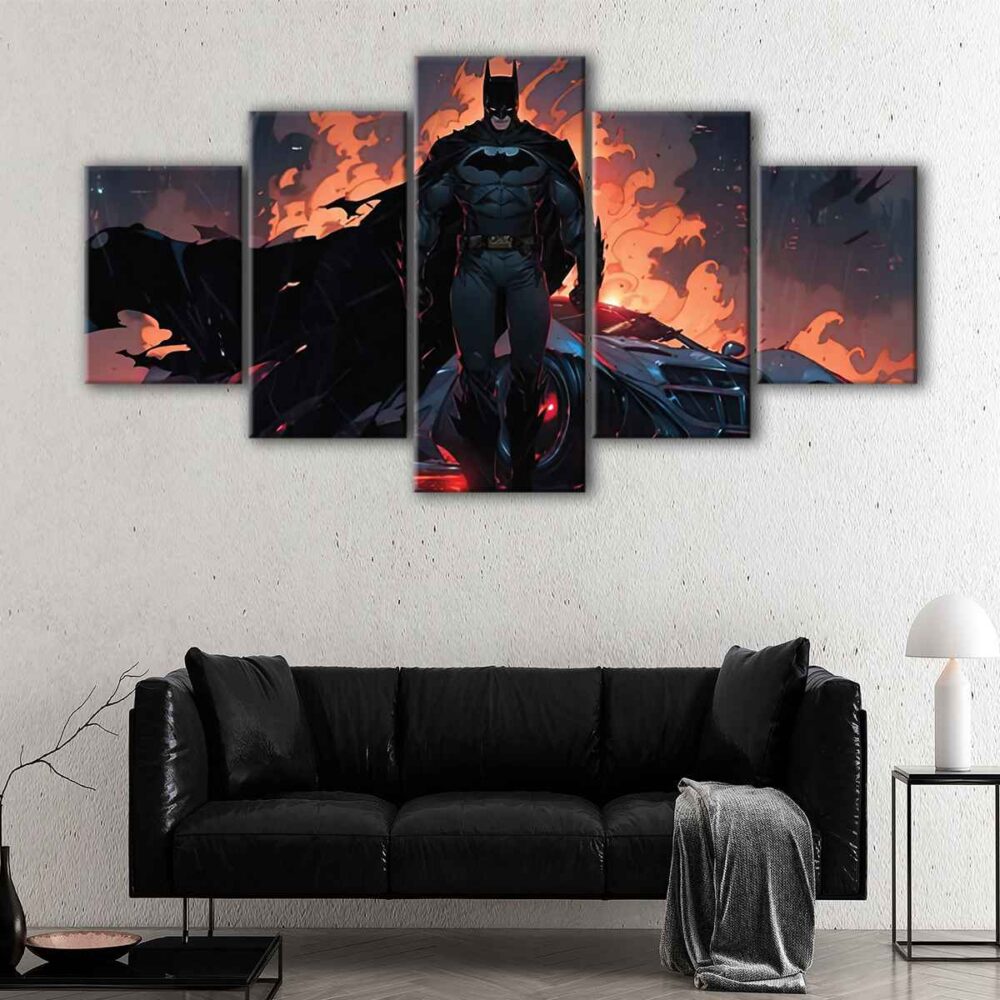 5 panels batman in fire canvas art