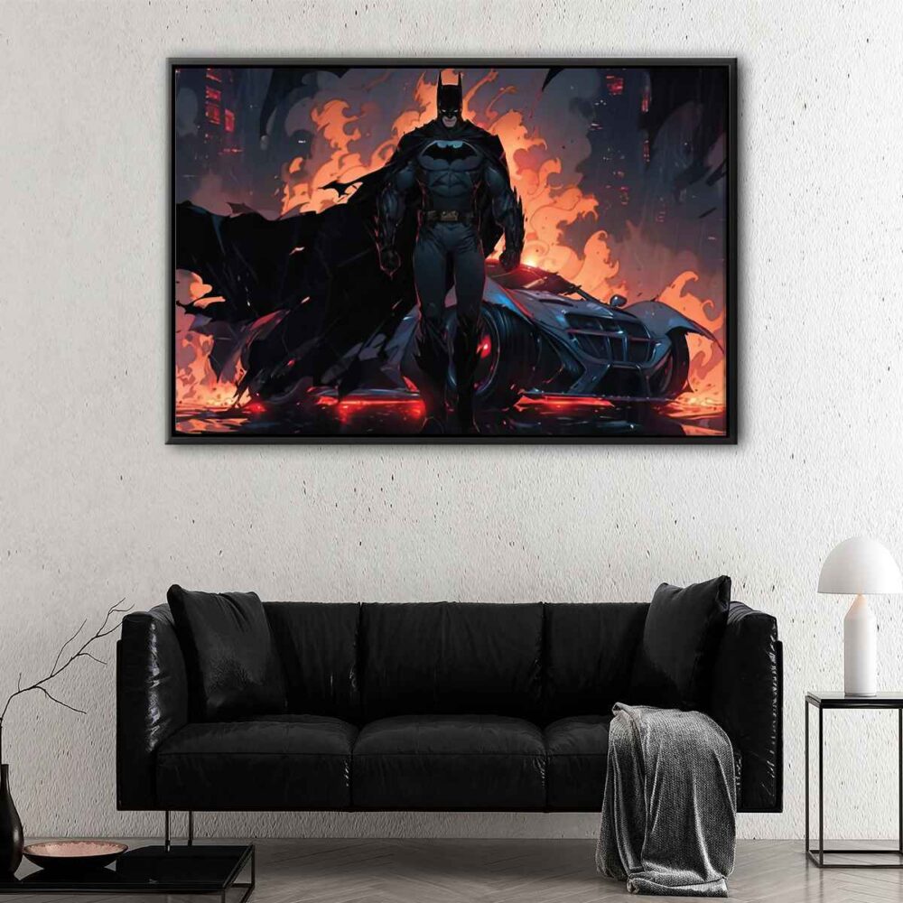 batman in fire floating frame canvas