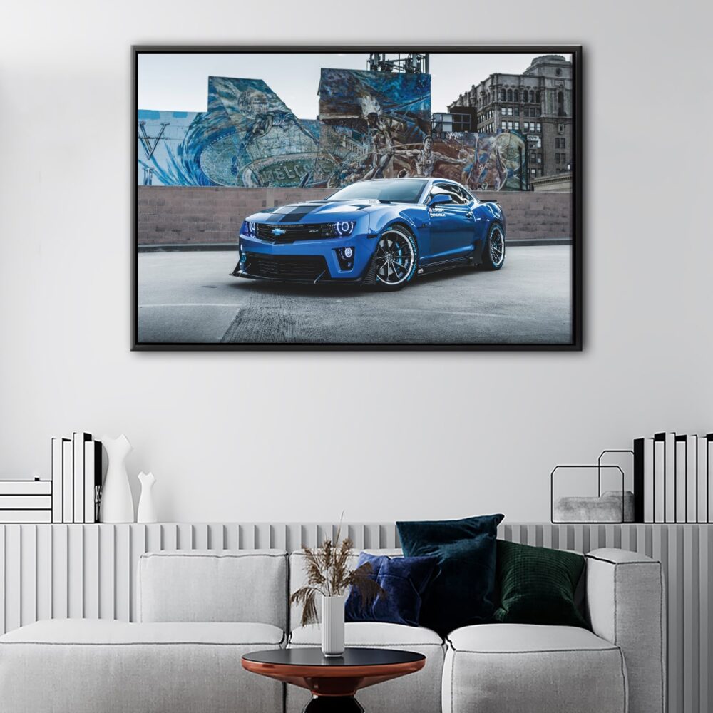 blue chevy camaro floating frame canvas