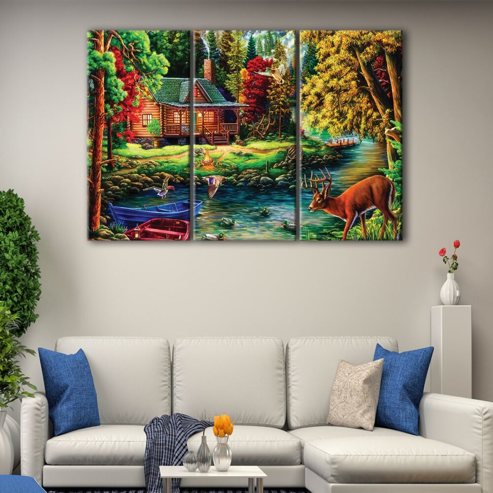 3 panels enchanted forest lake canvas art