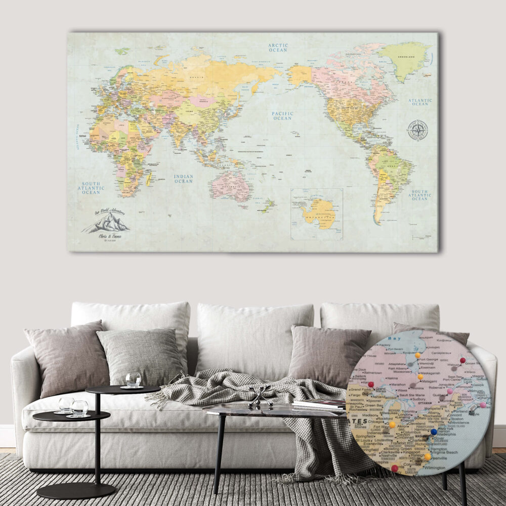 Centered Pacific Ocean Push Pin World Map