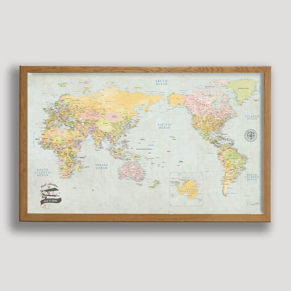 Centered Pacific Ocean Push Pin World Map - Classic Edition - beige frame
