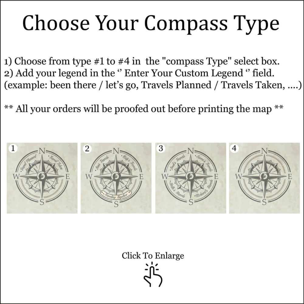 Centered Pacific Ocean Push Pin World Map - Classic Edition compass customization
