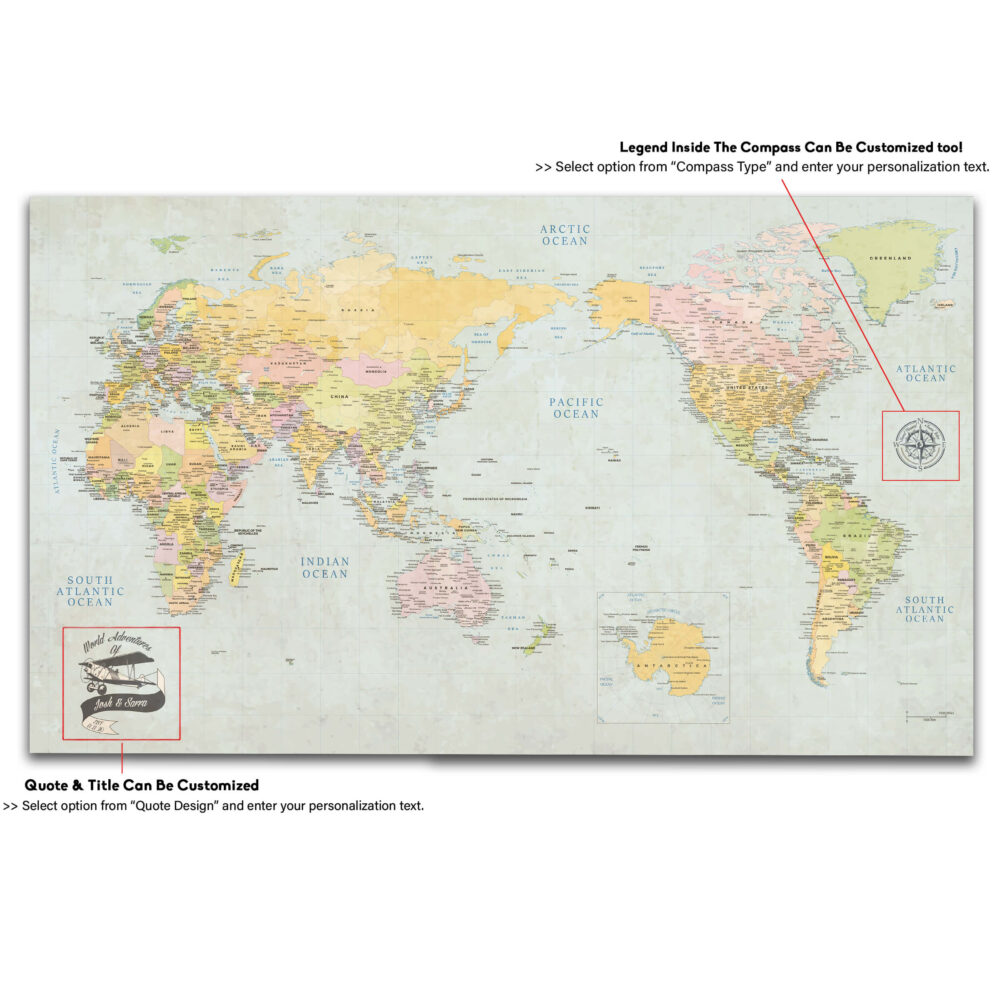 Centered Pacific Ocean Push Pin World Map - Classic Edition detailed