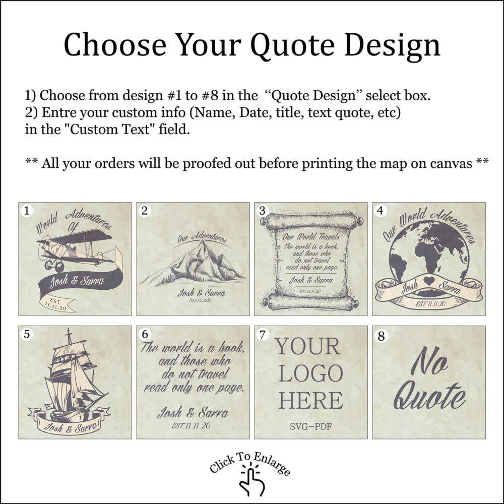 Centered Pacific Ocean Push Pin World Map - Classic Edition quote personalization