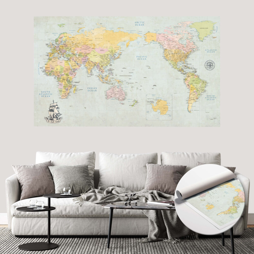 Centered Pacific Ocean Push Pin World Map - Classic Edition rolled