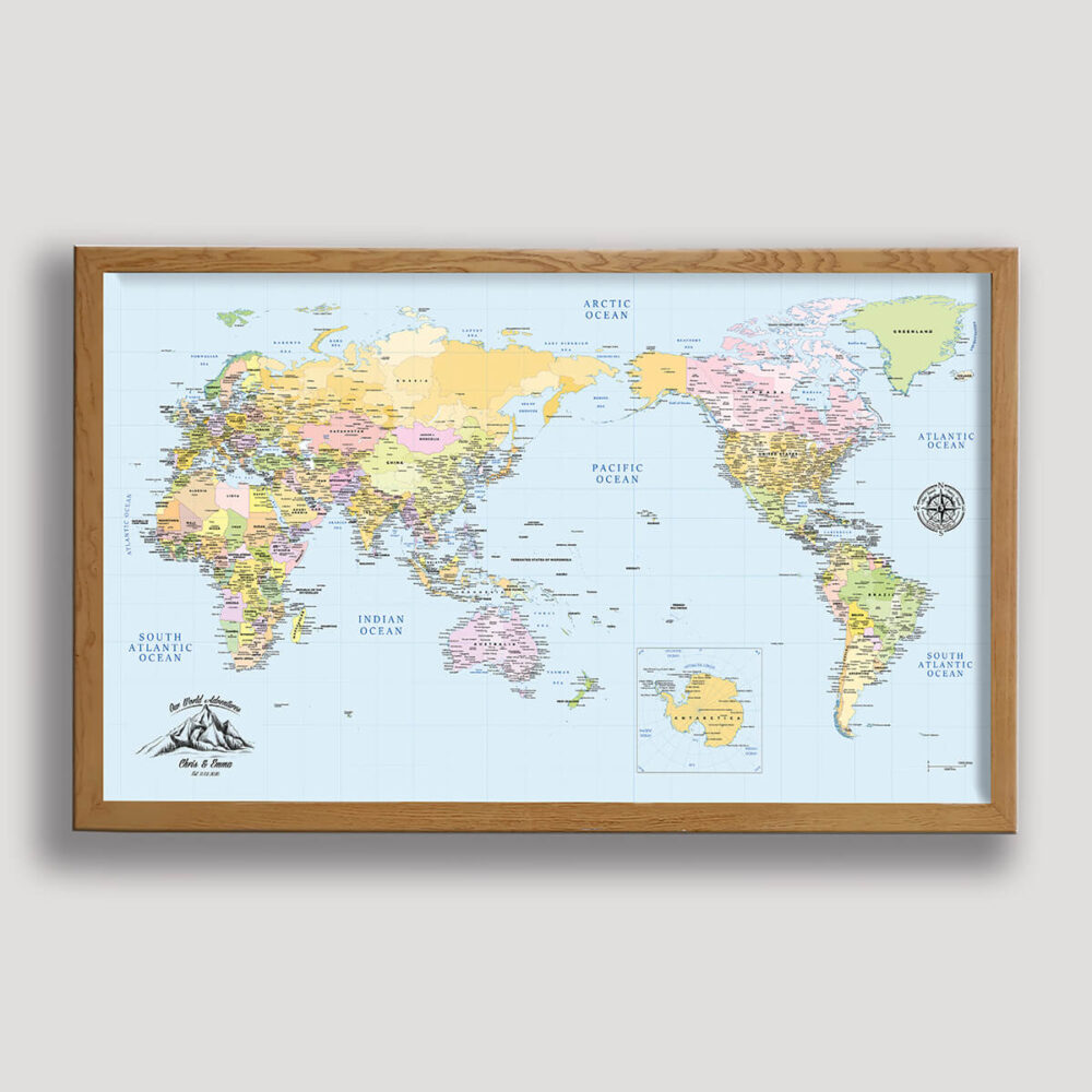 Centered Pacific Ocean Push Pin World Map – Colorful Edition - beige frame