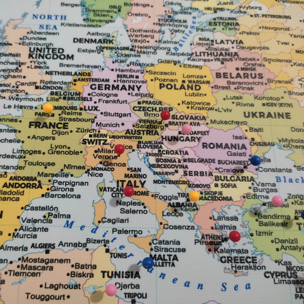 Centered Pacific Ocean Push Pin World Map – Colorful Edition - europe zoom