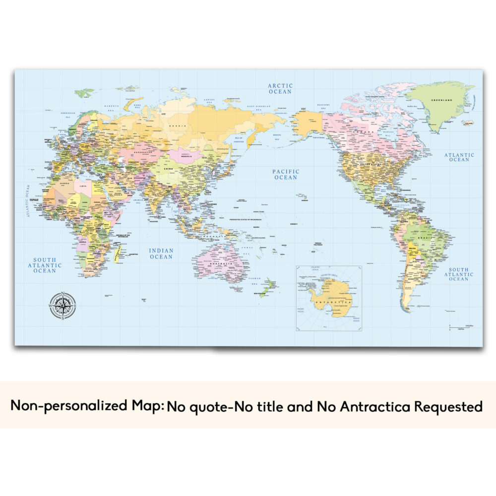 Centered Pacific Ocean Push Pin World Map – Colorful Edition no quote