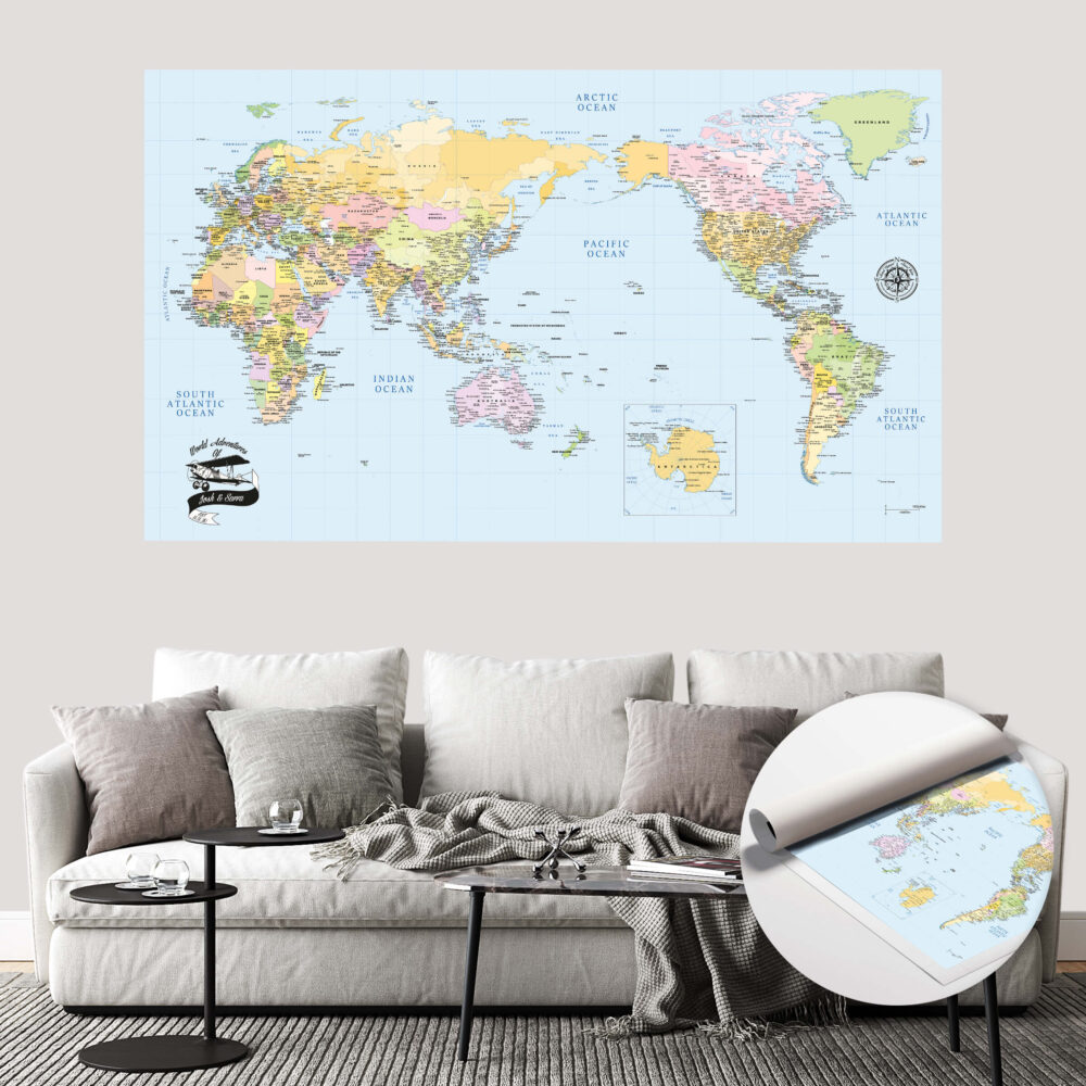 Centered Pacific Ocean Push Pin World Map – Colorful Edition rolled
