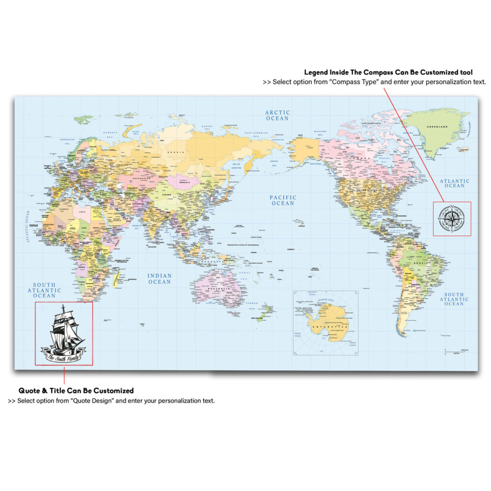 Centered Pacific Ocean Push Pin World Map – Colorful Editiondetailed