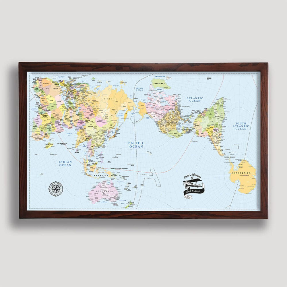AuthaGraph Push Pin World Map – Colorful Edition - Brown Frame