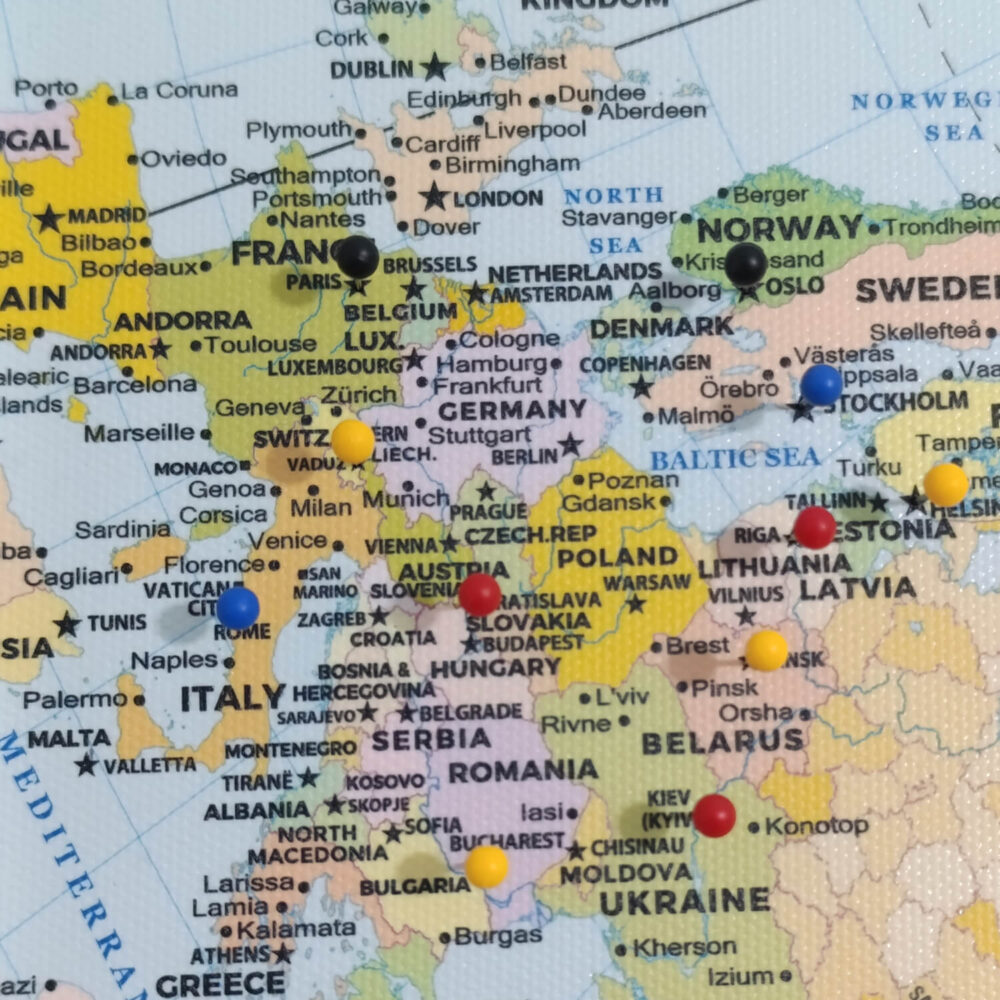 AuthaGraph Push Pin World Map – Colorful Edition Europe Zoom