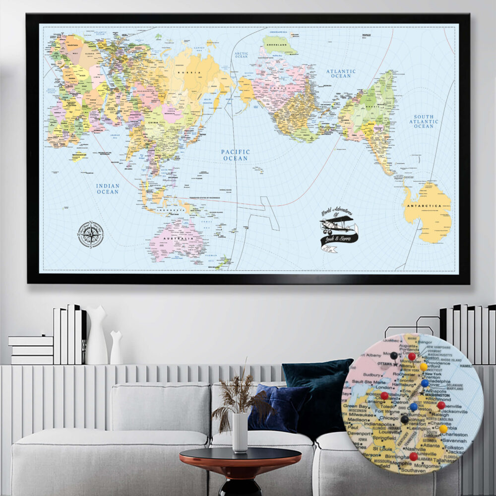 AuthaGraph Push Pin World Map – Colorful Edition framed