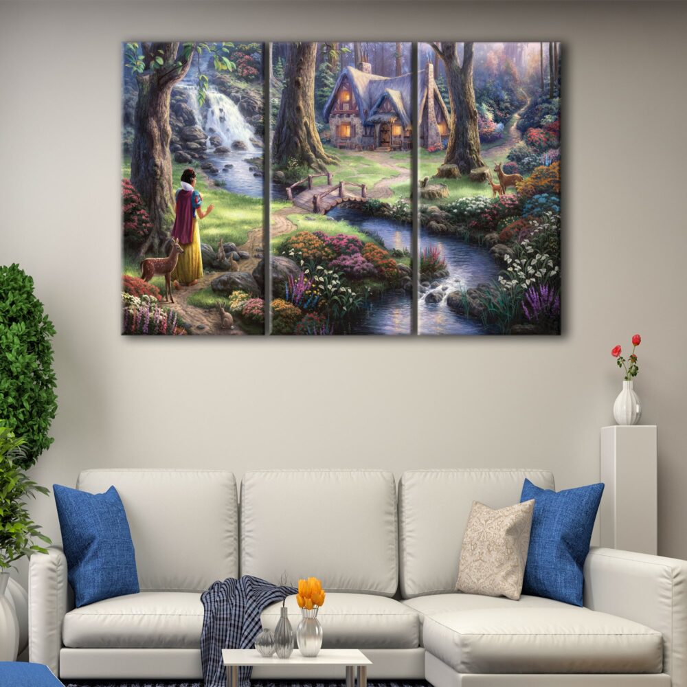 3 panels snow white discovers the cottage canvas art