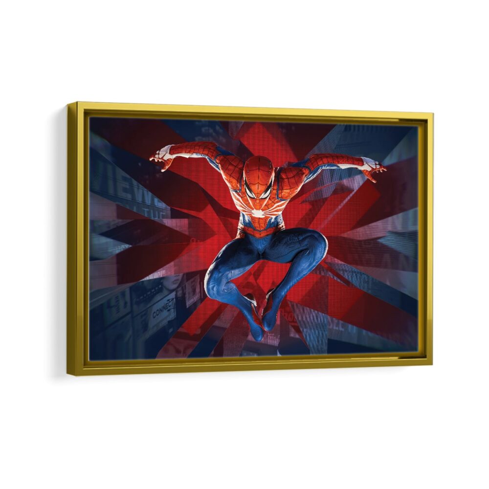spider man leap framed canvas gold frame