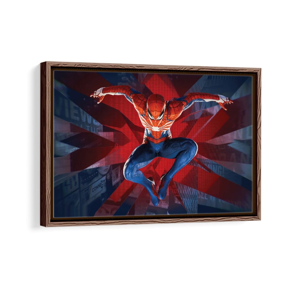 spider man leap framed canvas walnut brown