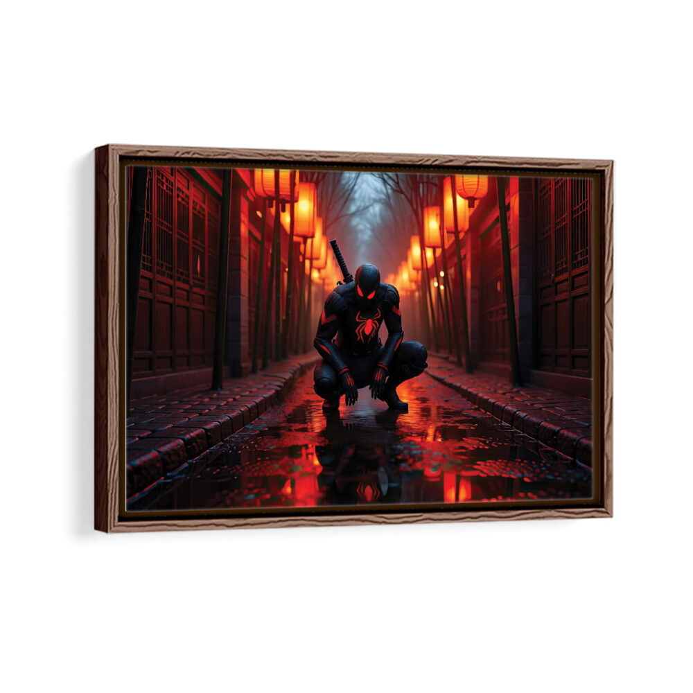 spider man darkness framed canvas walnut brown