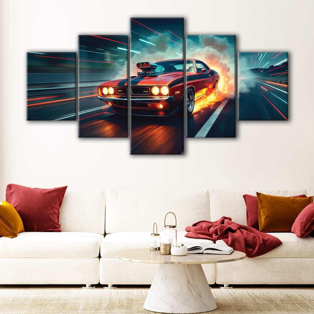 5 panneaux dodge challenger furieux art sur toile