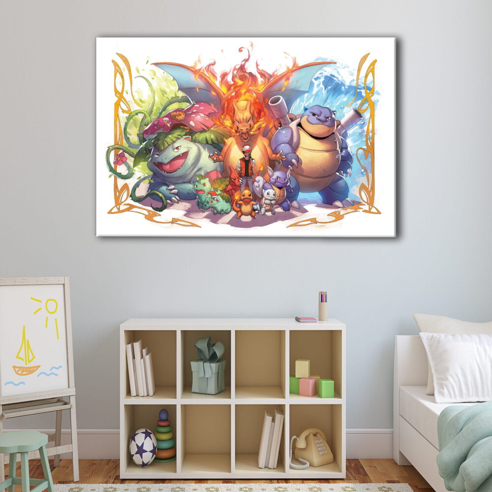 1 panel pokemon red and blue starter evolution canvas art