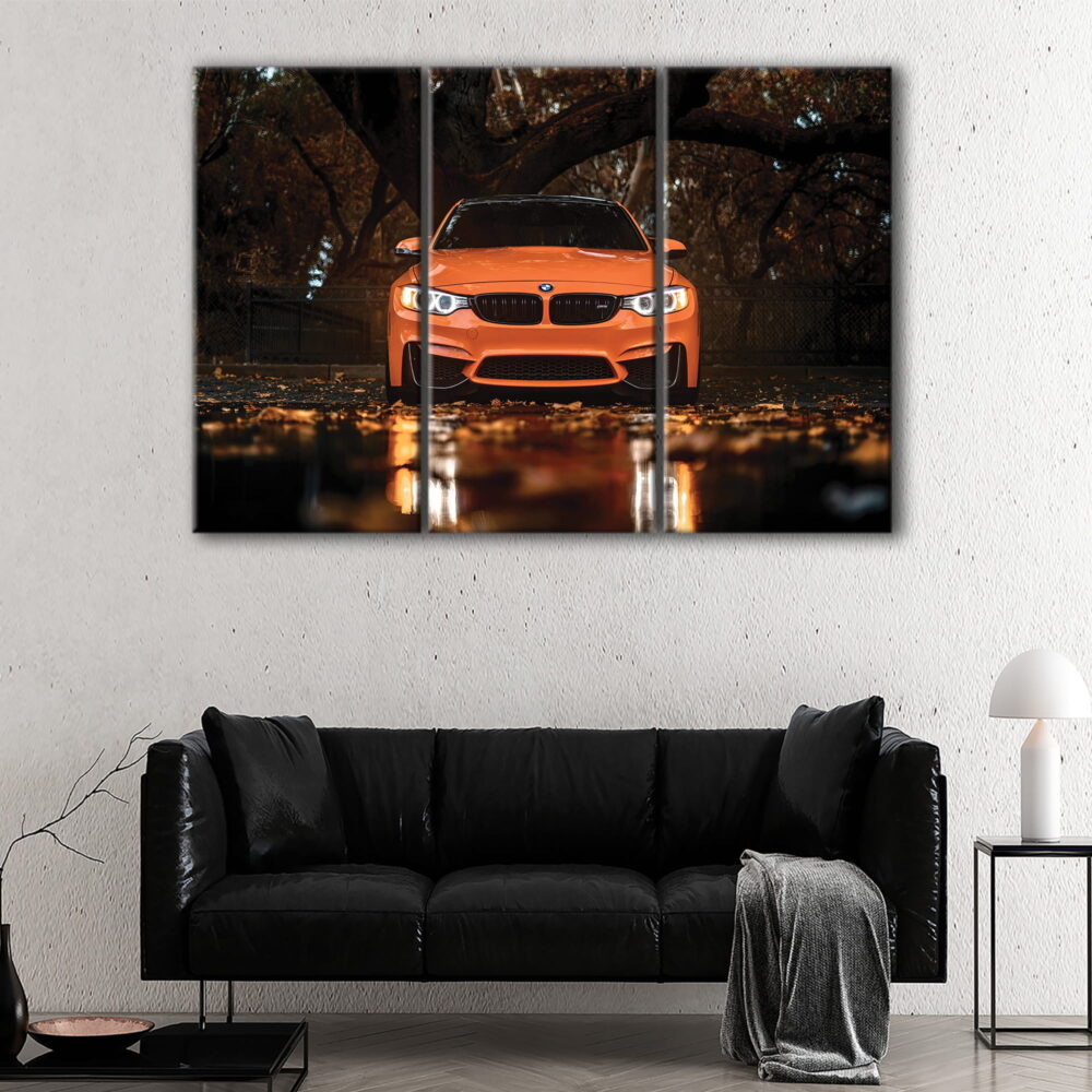 3 panels orange bmw m4 canvas art