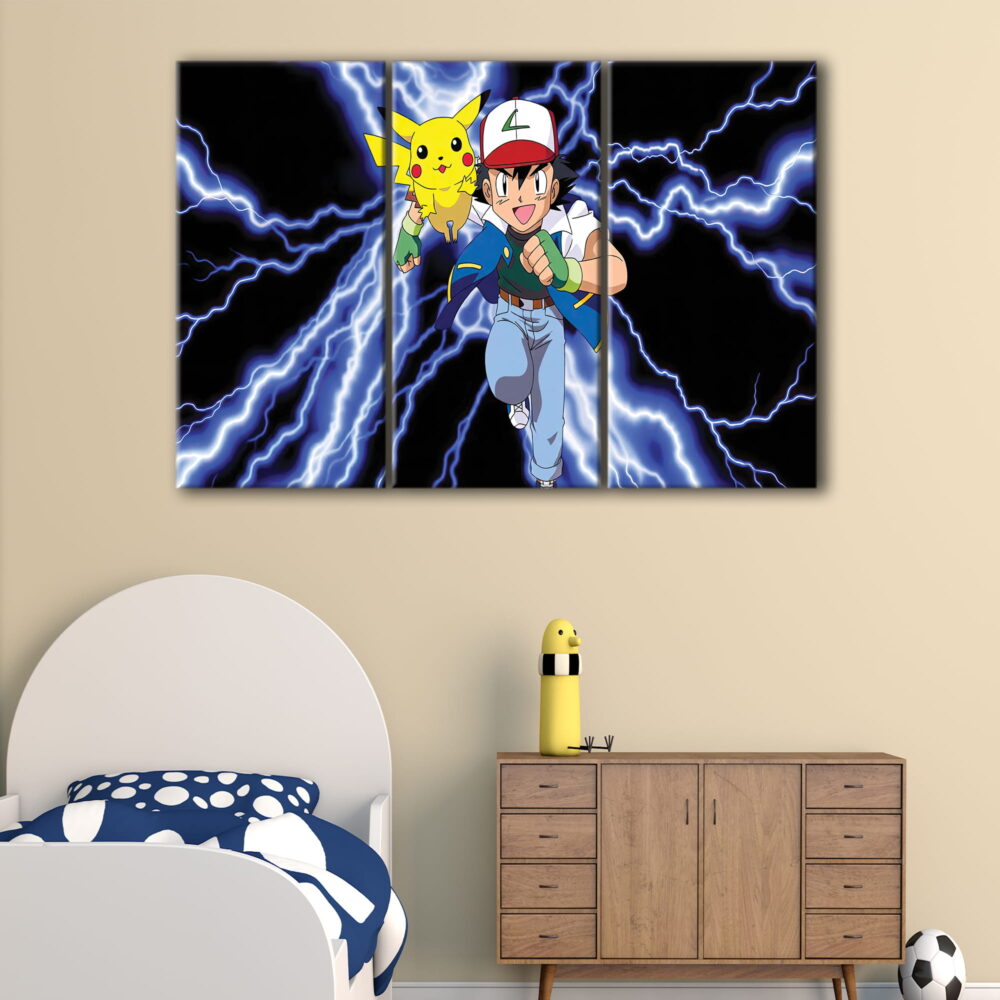 3 panels pikachu and ash canvas art