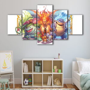 5 panels pokemon red and blue starter evolution canvas art