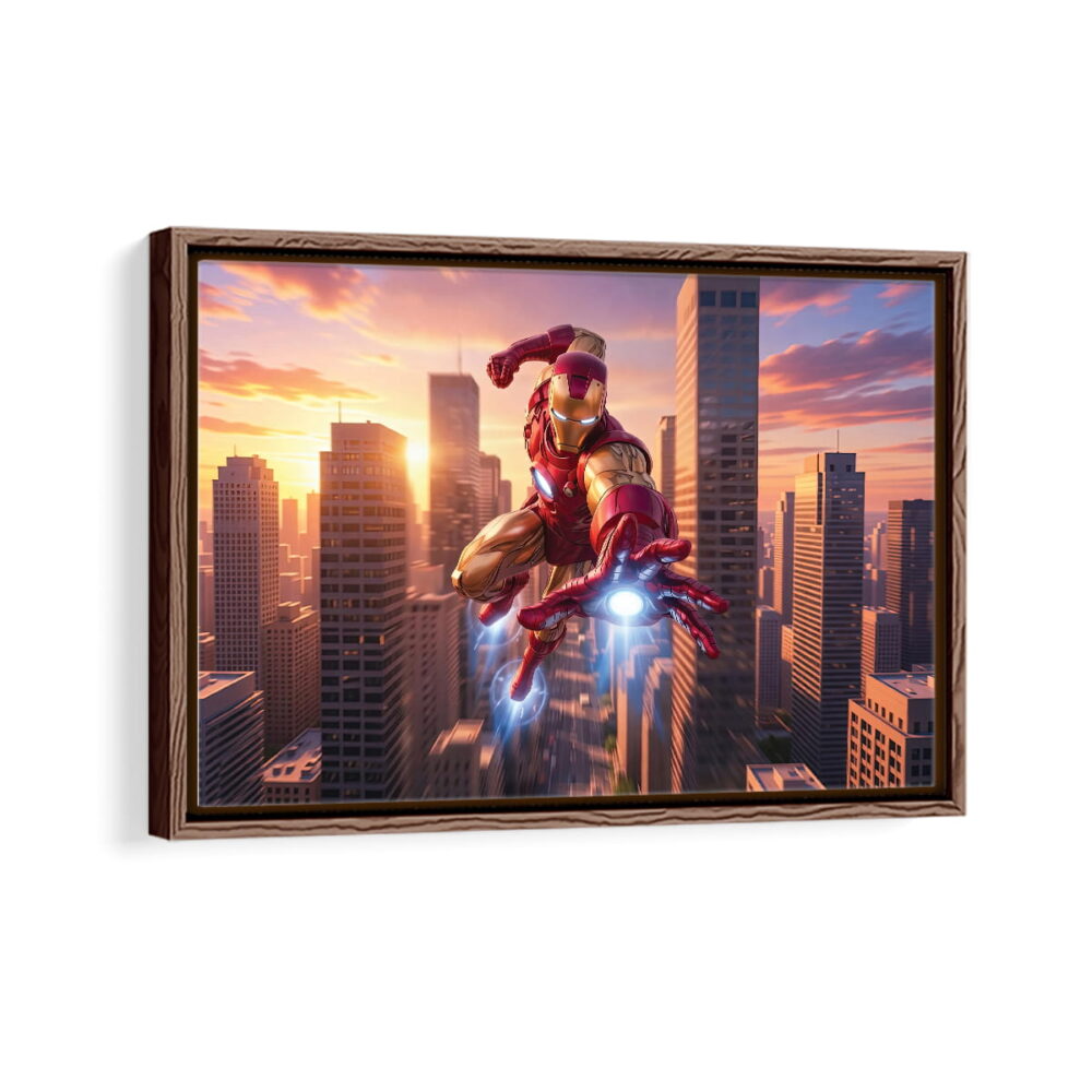 iron man attack framed canvas walnut brown