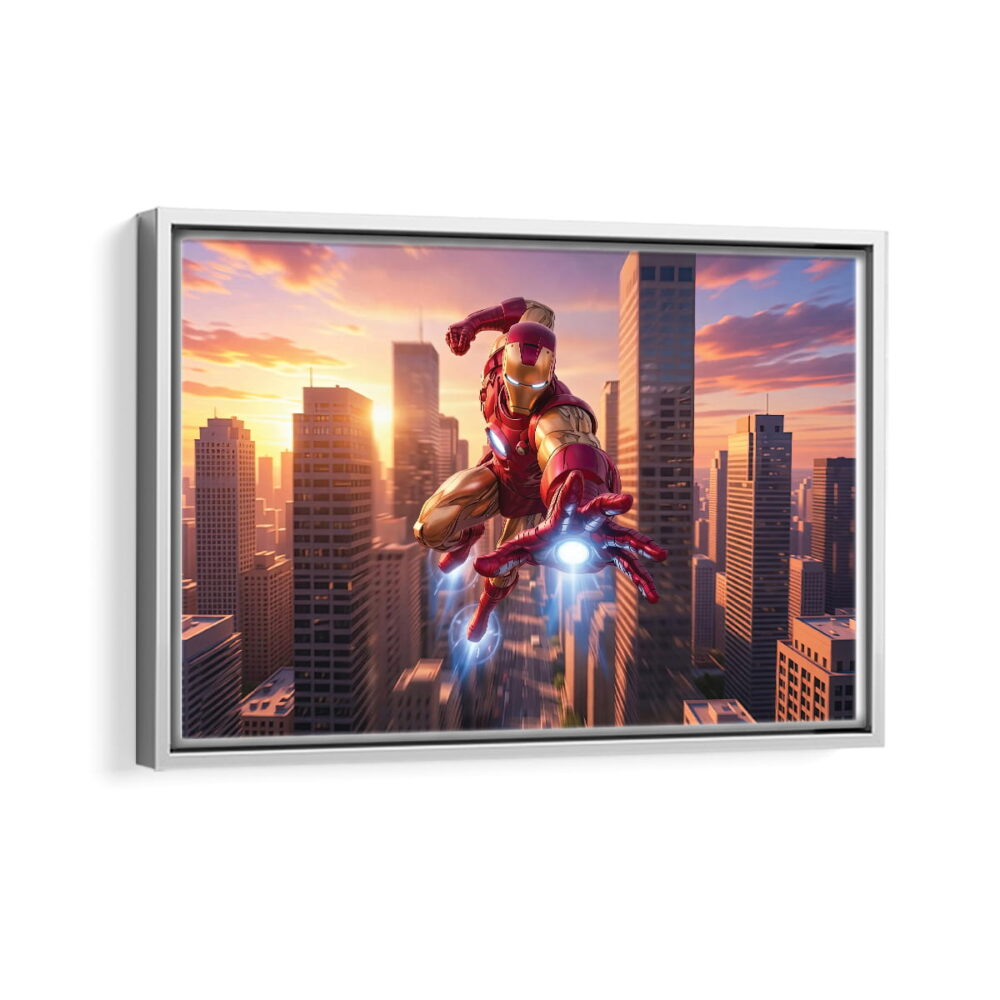 iron man attack framed canvas white frame