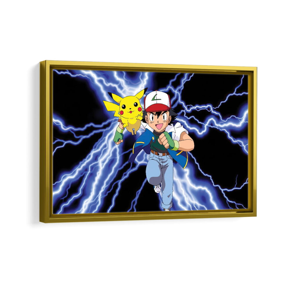 pikachu and ash framed canvas gold frame