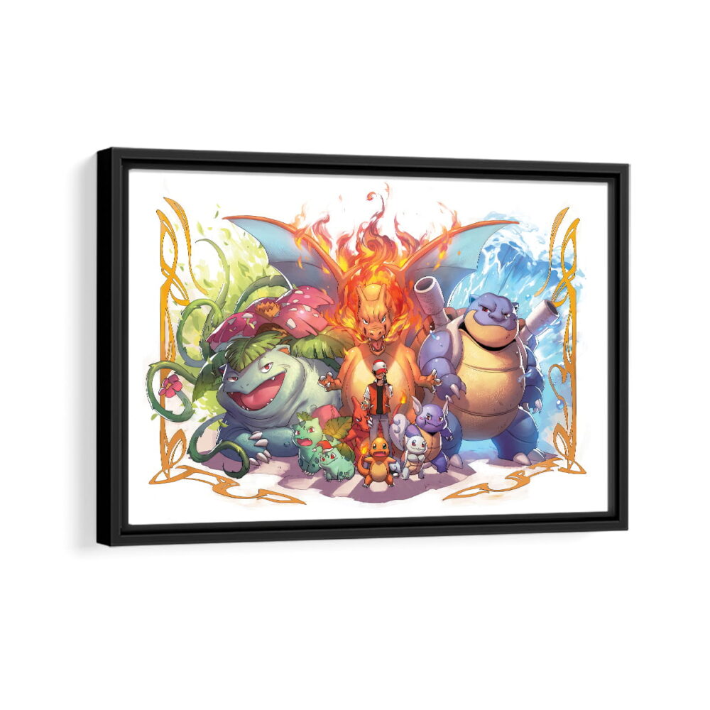 pokemon red and blue starter evolution framed canvas black frame