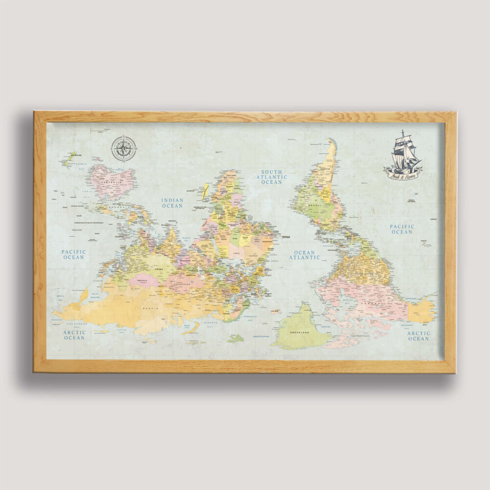 Upside Down Classic push pin world map - beige frame