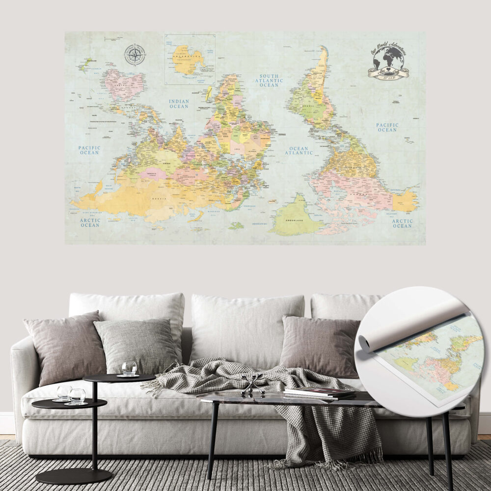 Upside Down Classic push pin world map rolled