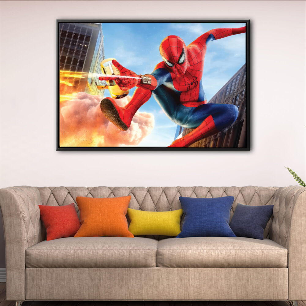 spider man in action floating frame canvas