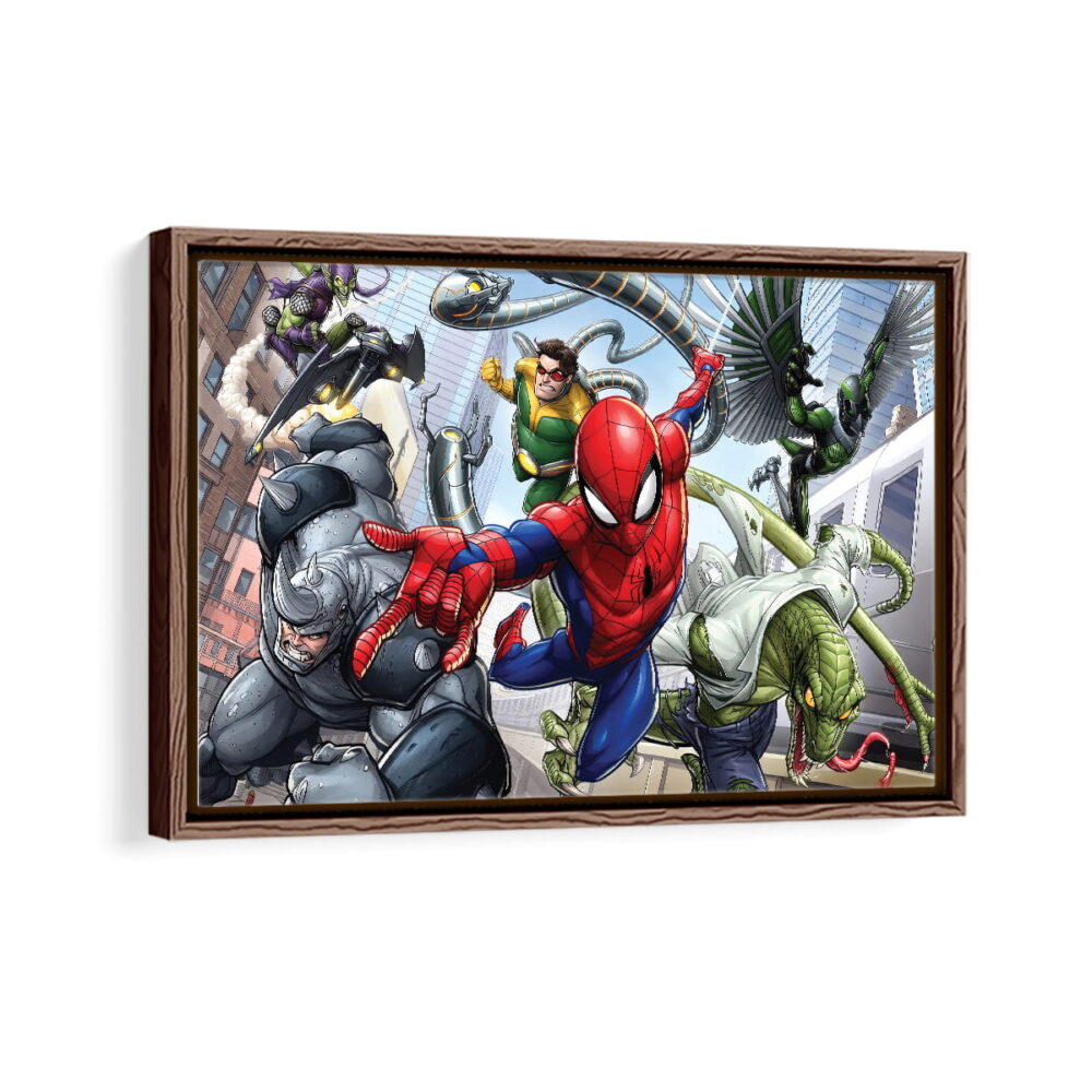 spider man villains framed canvas walnut brown
